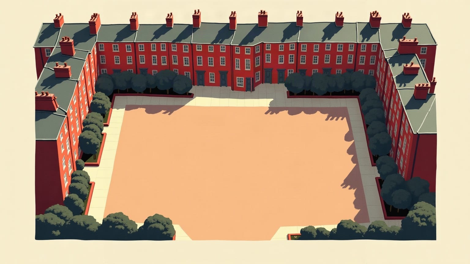 A garden square seen from above as an open rectangle of ground ringed by flat terraced house fronts