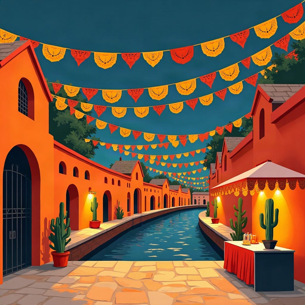 Strings of red, yellow and blue paper bunting over a canal lined with orange brick arches and lit market stalls