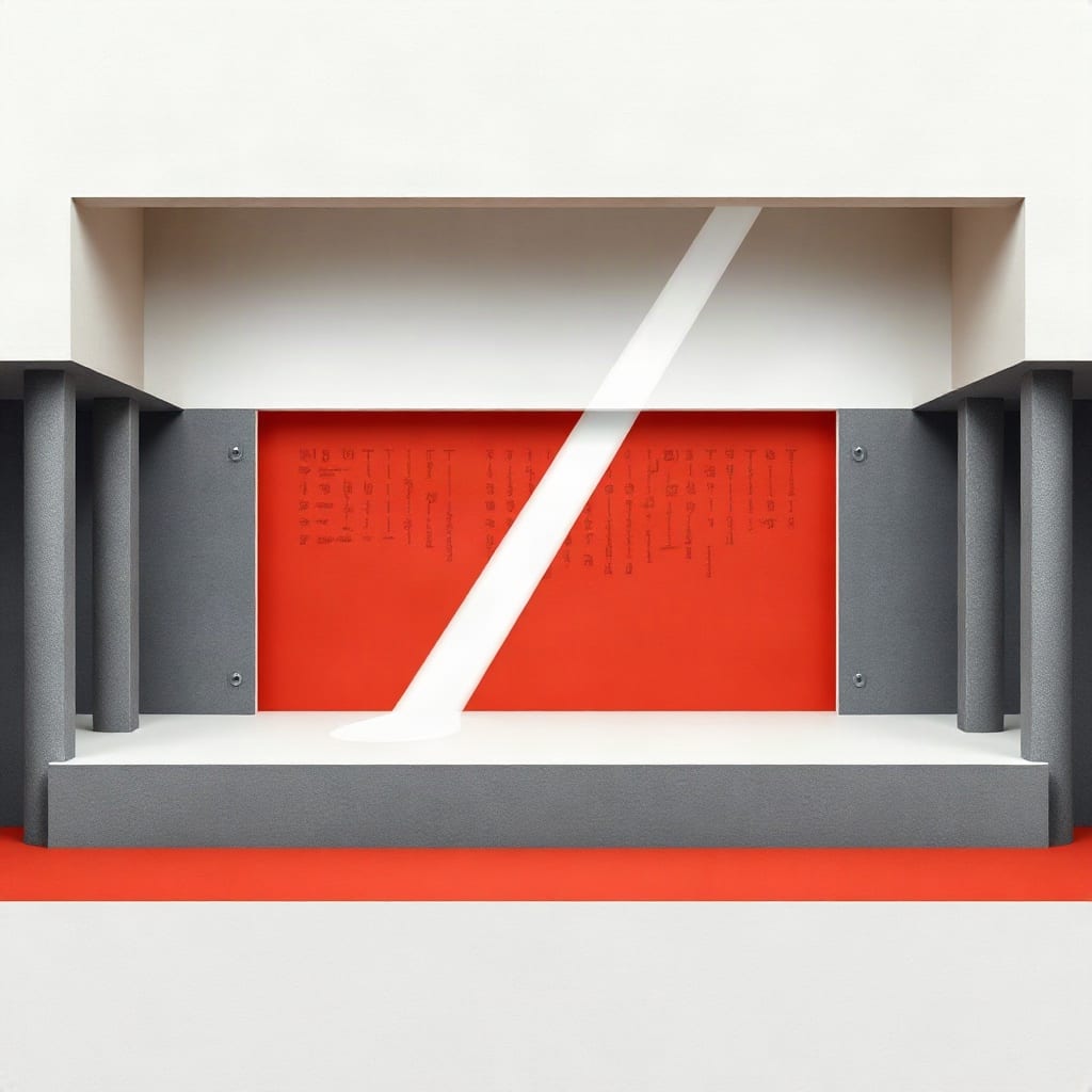 A cut-paper stage of concrete grey layers on a plum ground, one slim white paper spotlight beam crossing it