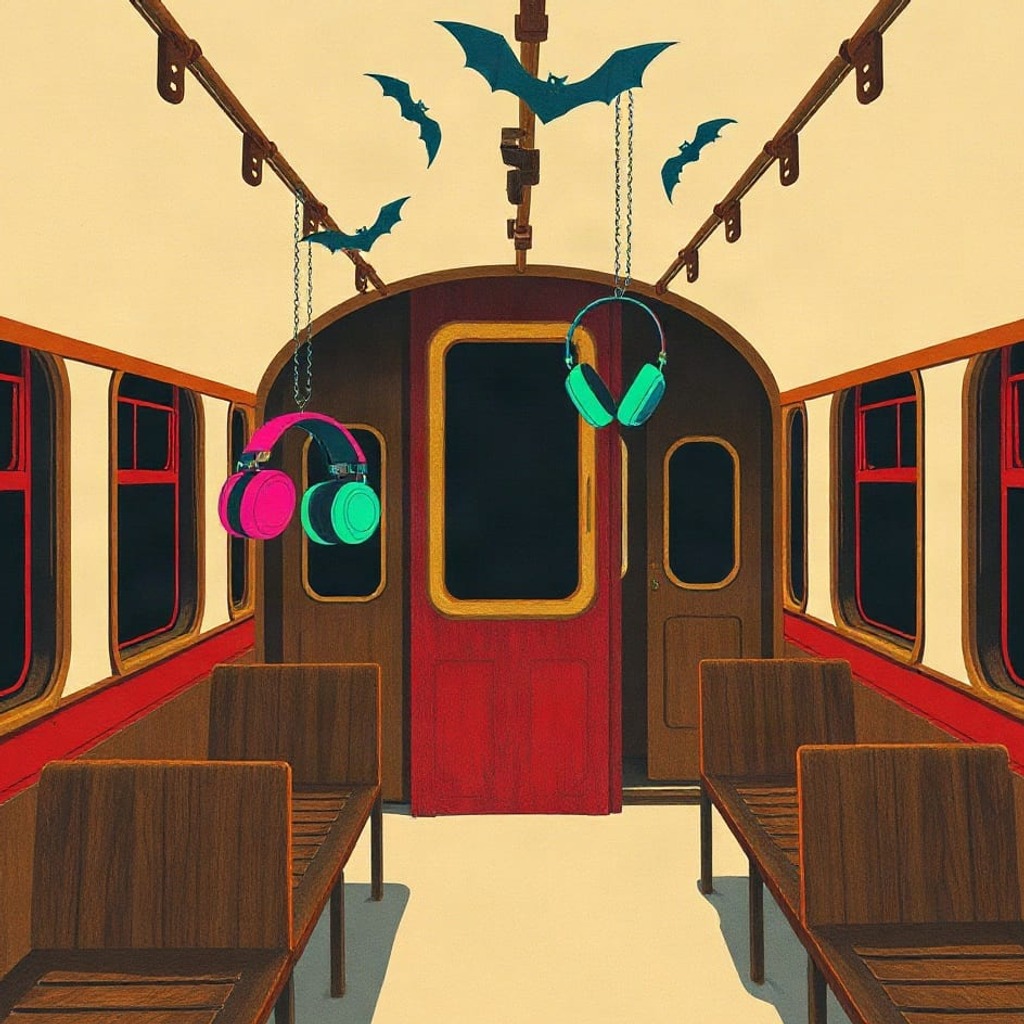 Inside an old railway carriage with wooden slatted benches, two pairs of glowing headphones hanging on chains from the ceiling rail and paper bats overhead
