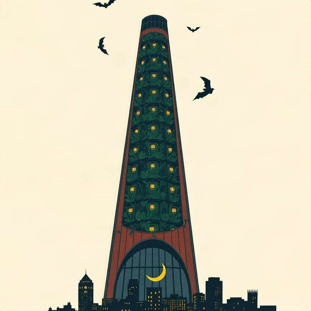 A tall tapering tower filled with green plants and small lit windows, bats circling its top and a crescent moon in its glass base, above a dark city skyline on a cream ground